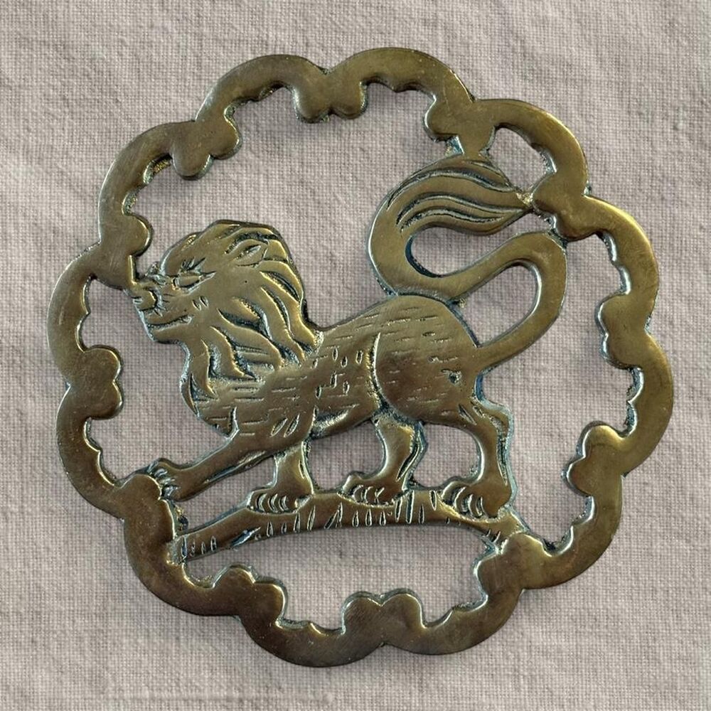 Antique Edwardian Vintage Brass Victorian Boho Lion Circular Trivet